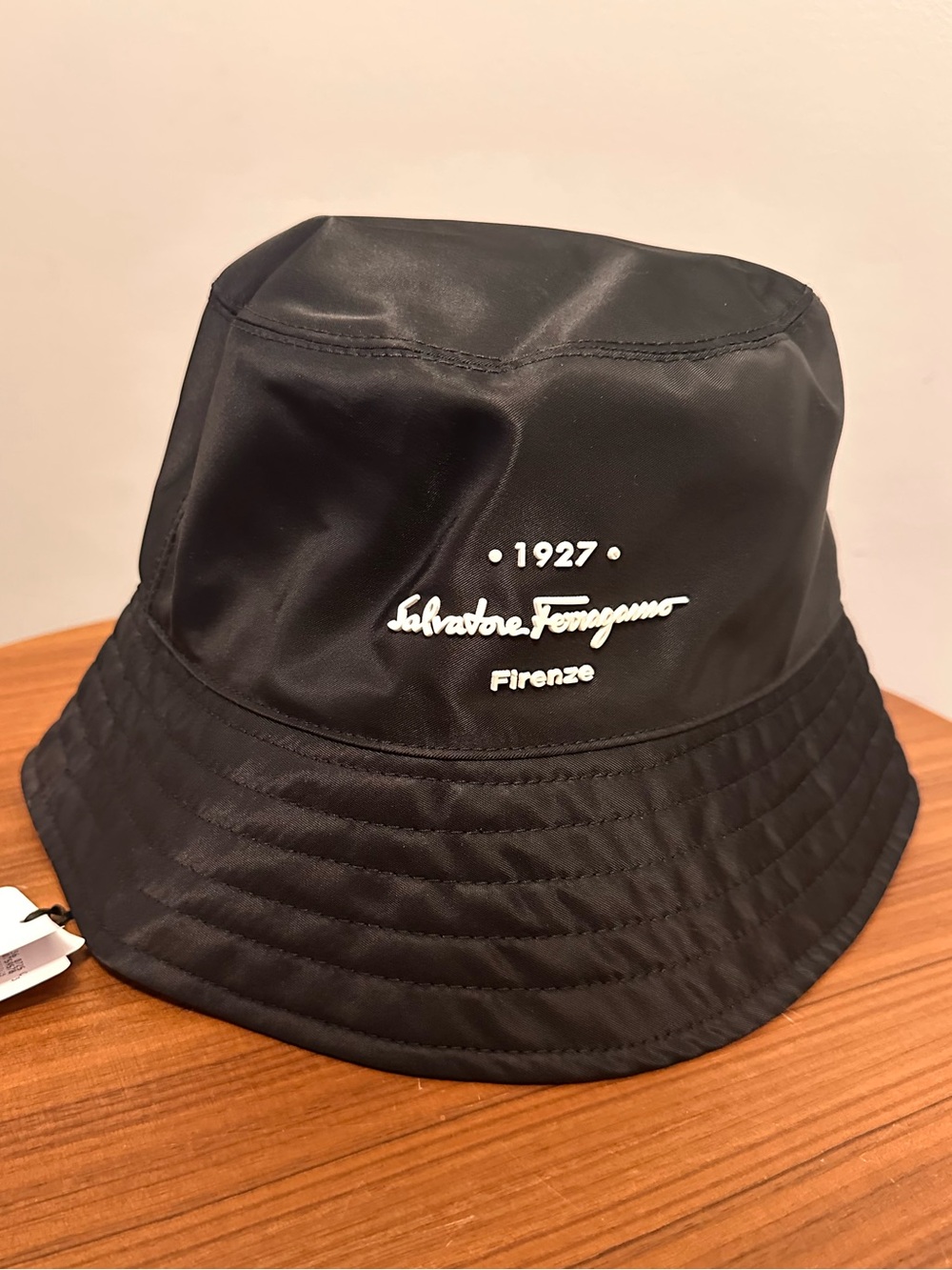 Salvatore Ferragamo Black Bucket Hat with White Silicone Logo